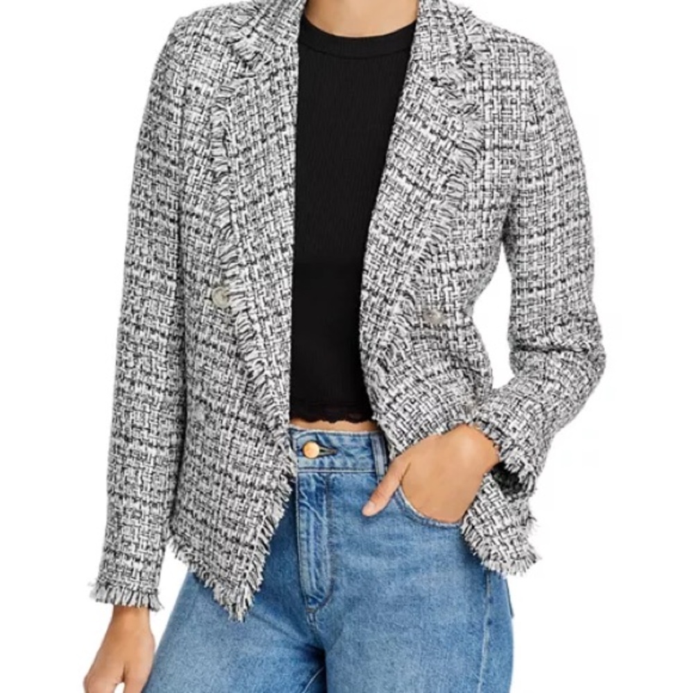 AQUA NWT Double Breasted Grey and White Tweed Blazer